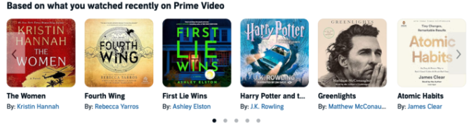 A carousel of audiobooks on Audible recommended based on the users' Prime Video history