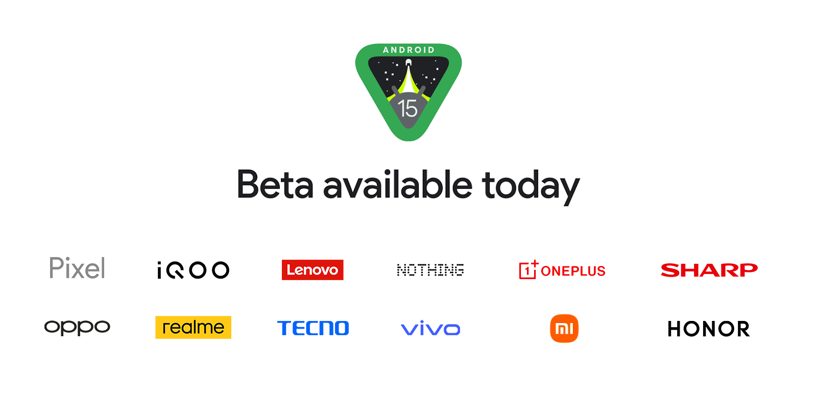 Image showing the logos of several phone manufacturers who are joining the Android 15 beta program.