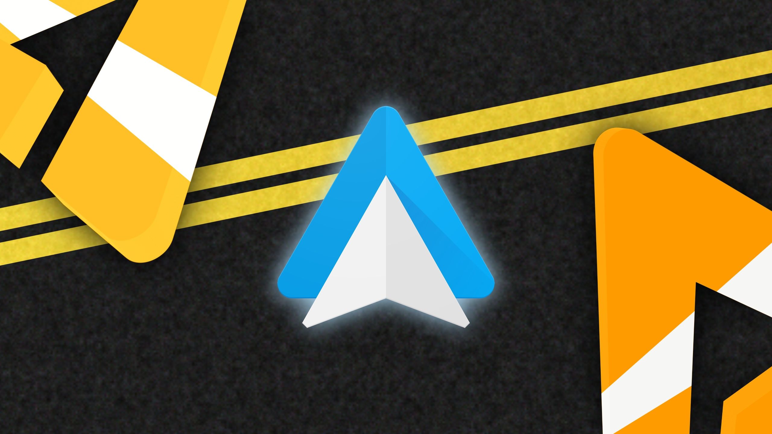 Android Auto logo and AP logo with white, yellow, and orange stripes