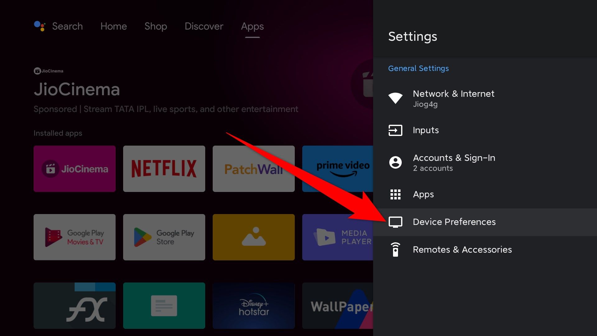 Device Preferences option in Android TV