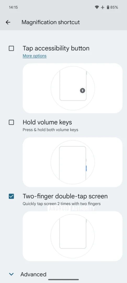 Screenshot showing new accessibility settings in Android 15.