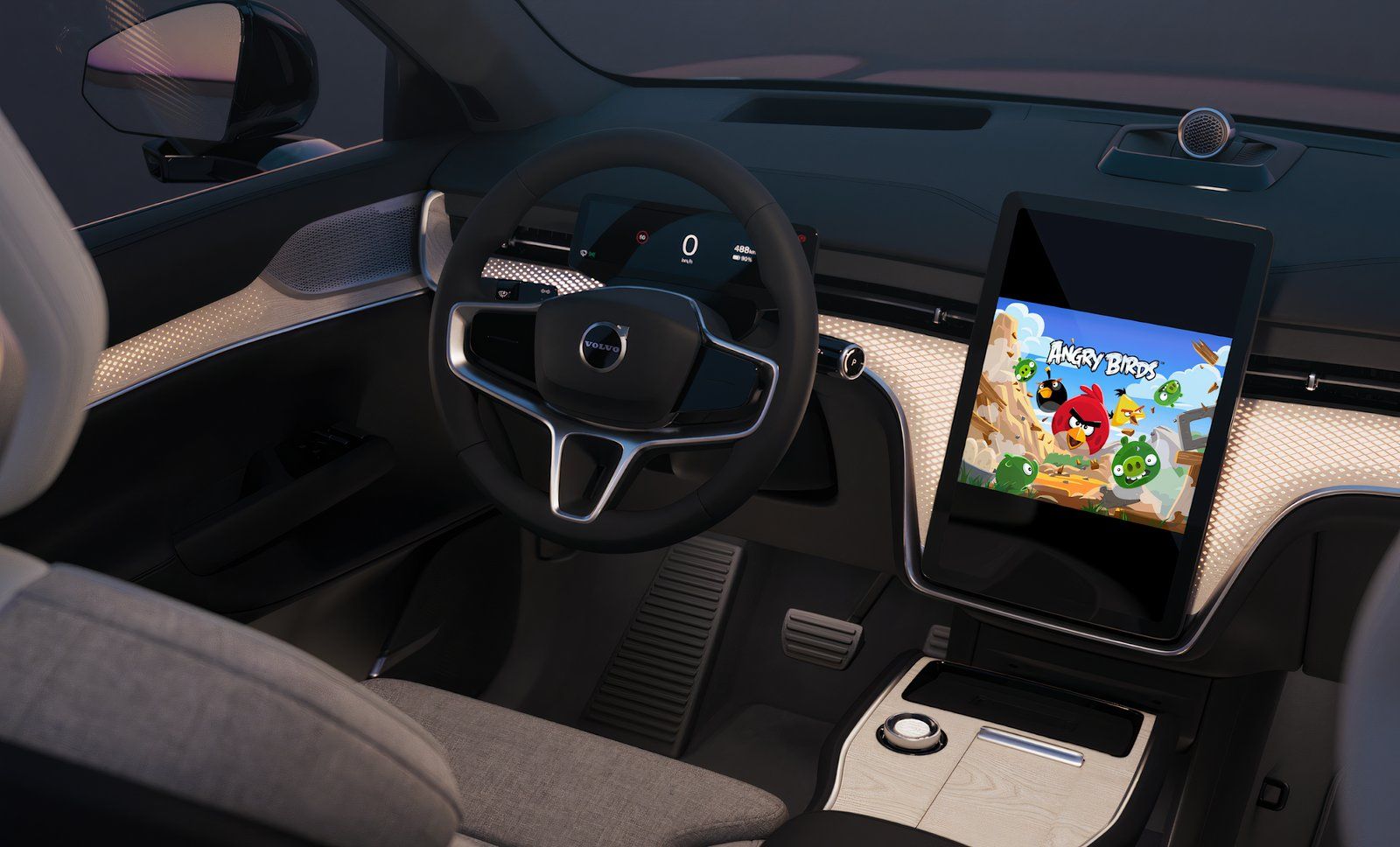 Angry Birds shown on a car's infotainment screen.