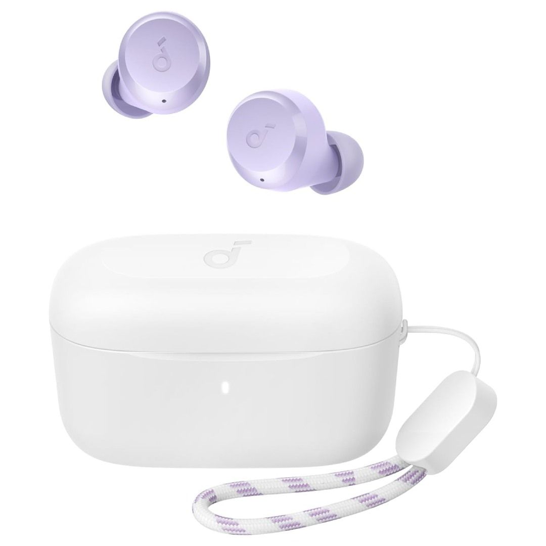 A render of the purple Soundcore A20i earbuds and their charging case