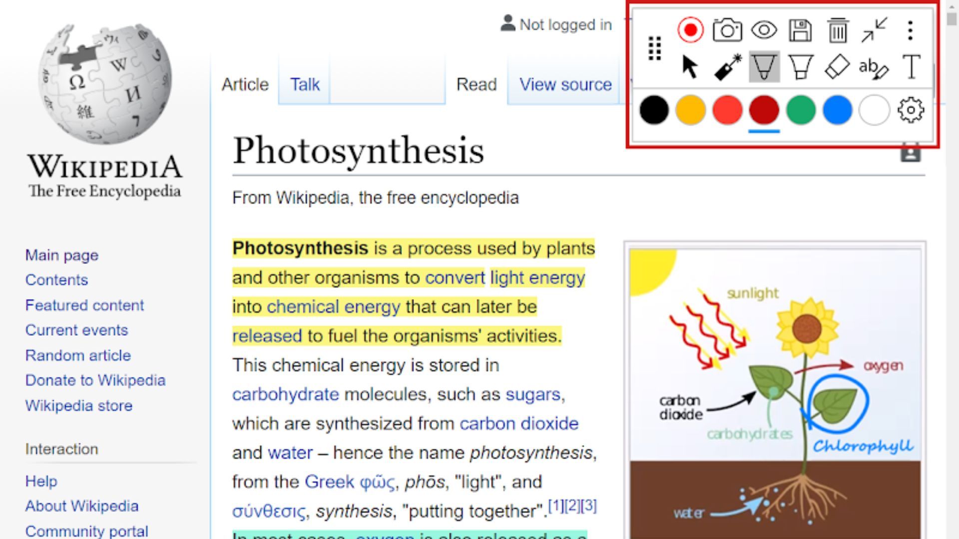 wikipedia page with annotate toolbar and highlights