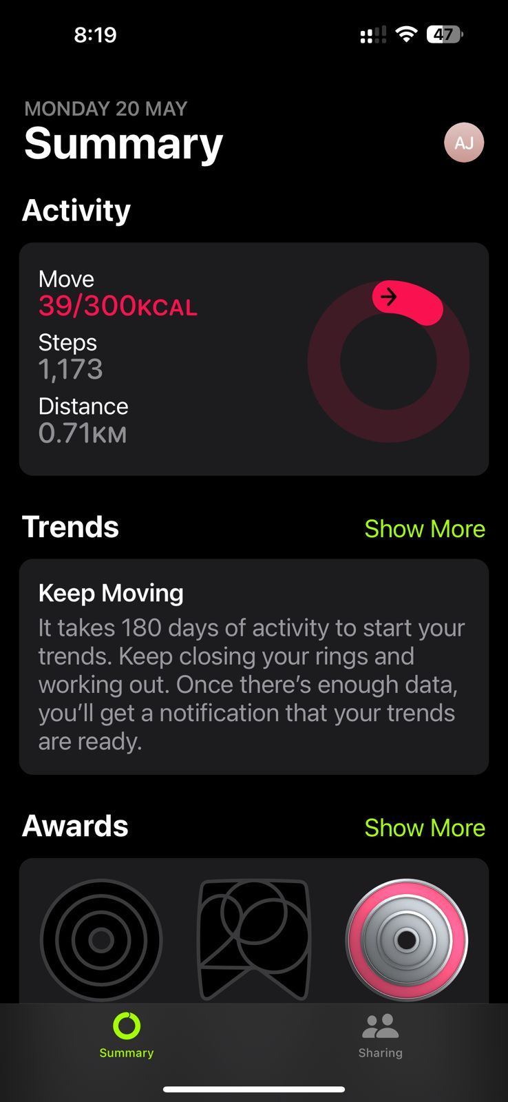 Screenshot showing the Apple Fitness app homepage