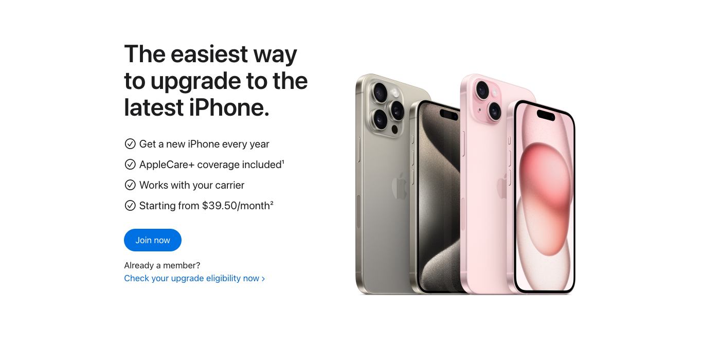 iphone upgrade program banner showing the steps and the tagline "the easiest way to upgrade to the latest iPhone" alongside images of the iPhone 15 series