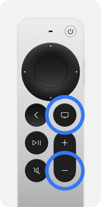 Apple TV remote with TV and Volume down buttons highlighted