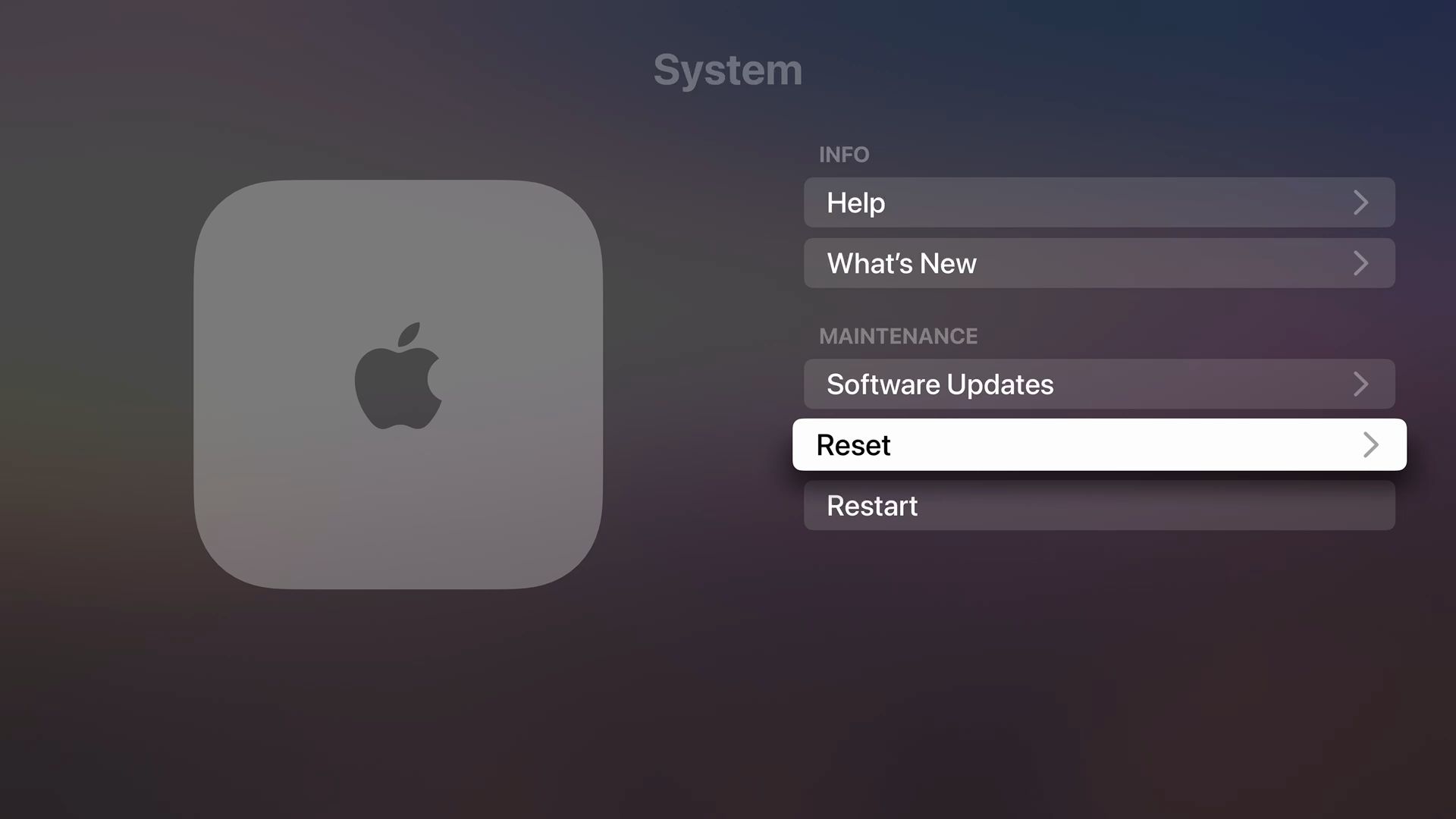 Screenshot showing Apple TV general settings