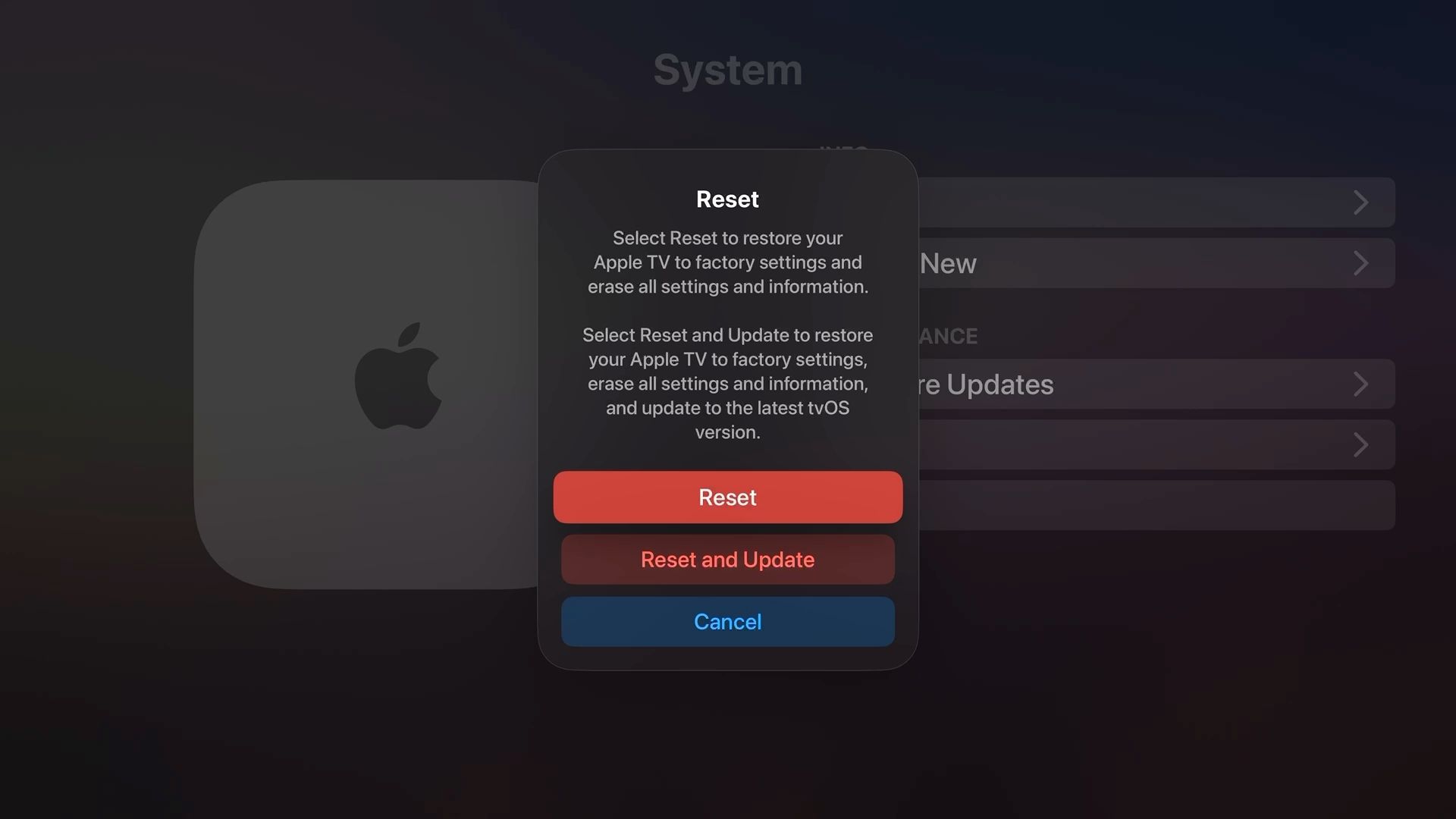 Screenshot showing option to reset Apple TV