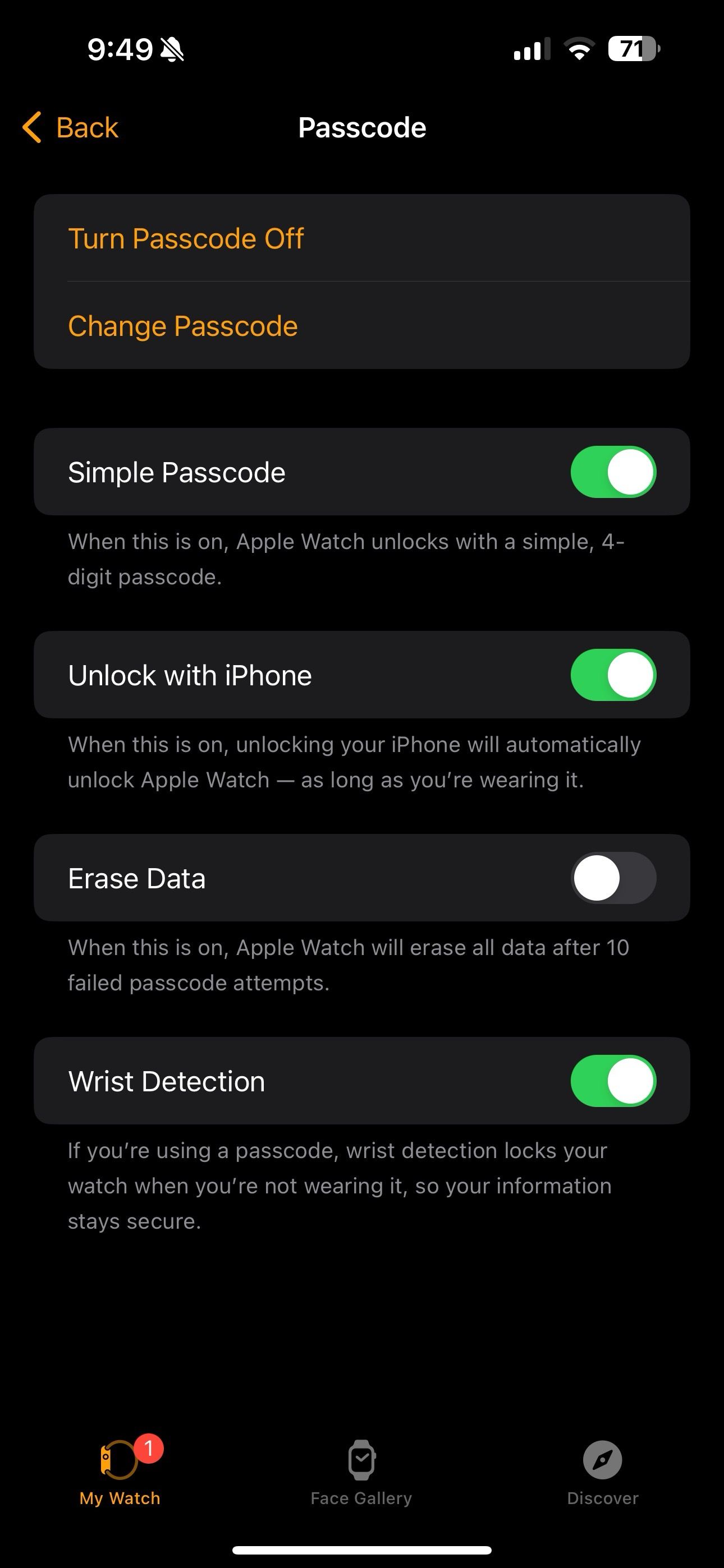 passcode settings on Apple Watch