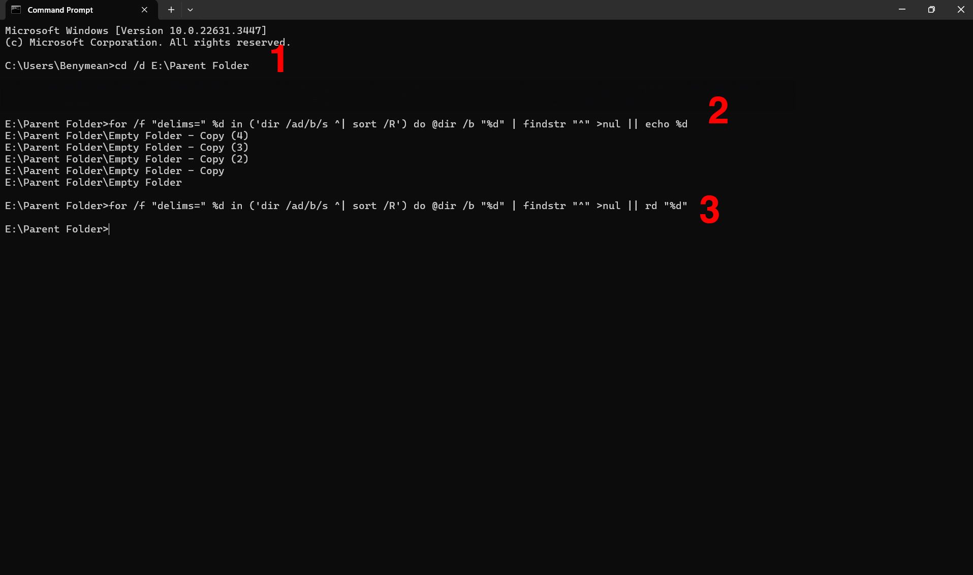 Windows command prompt window with the codes to print and then remove empty folders