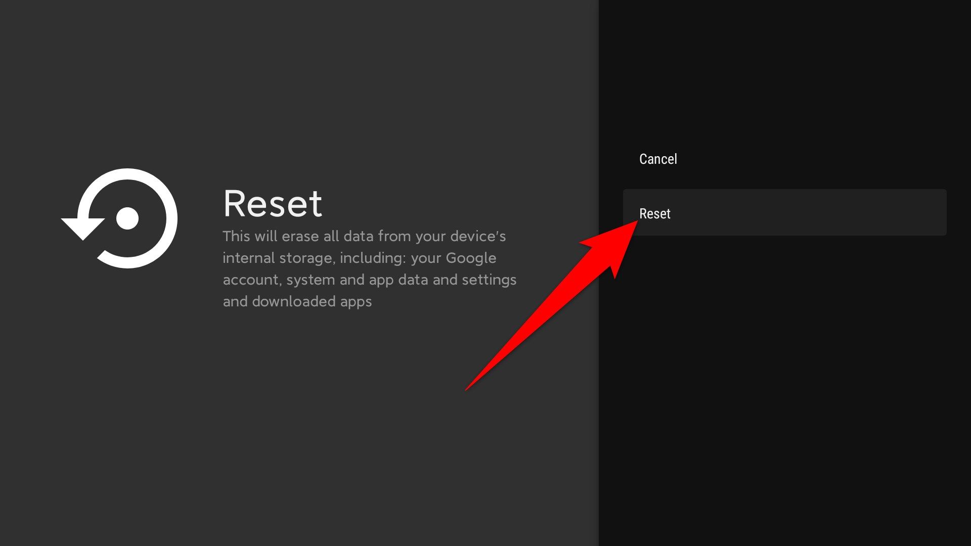 Android TV reset confirmation pop up