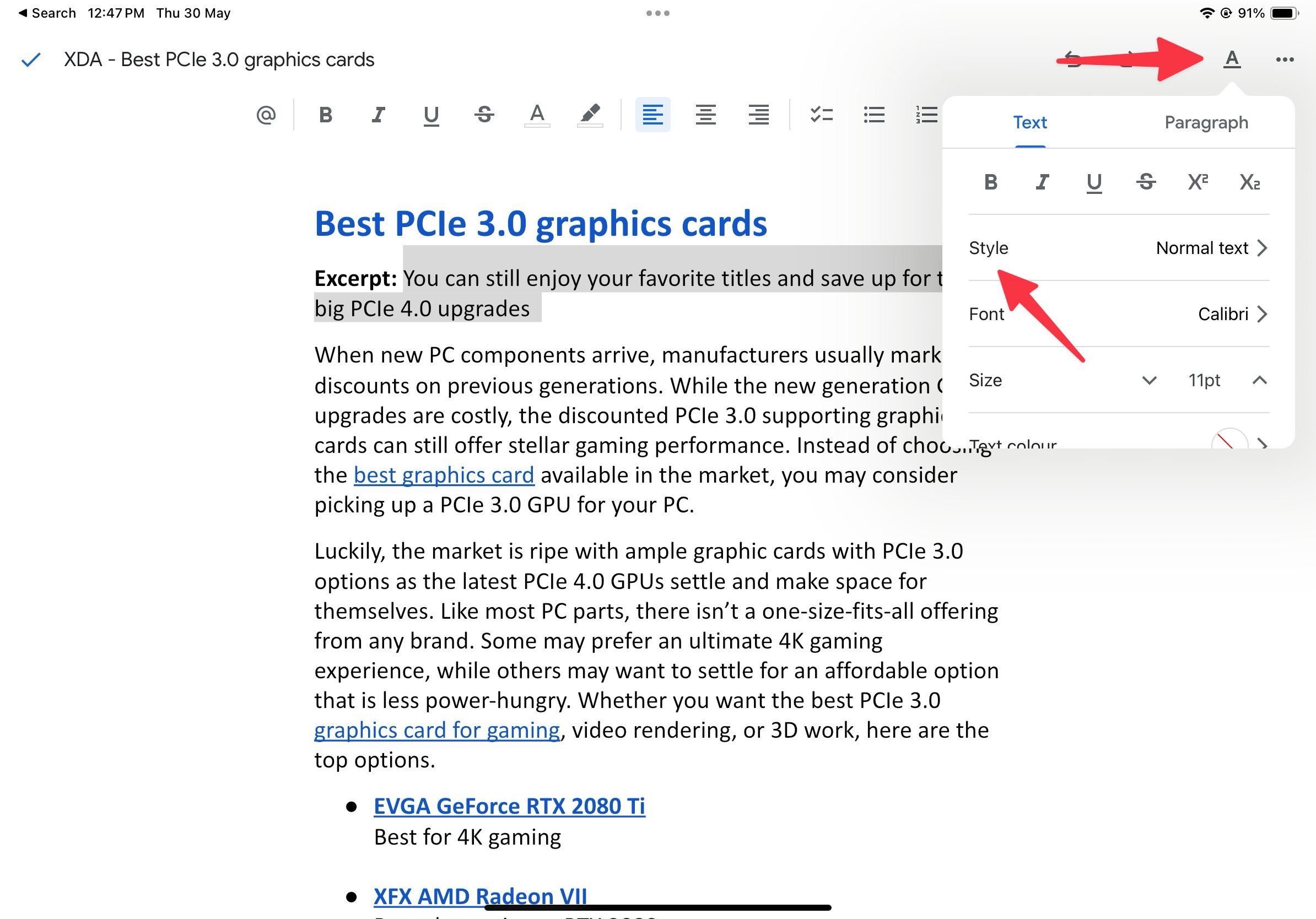 Style menu in Google Docs