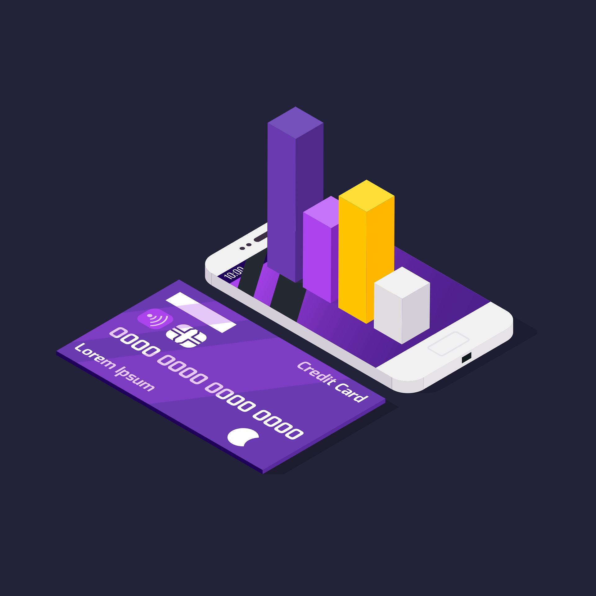 A cartoon image of a purple credit card in front of a phone with a graph coming out of it