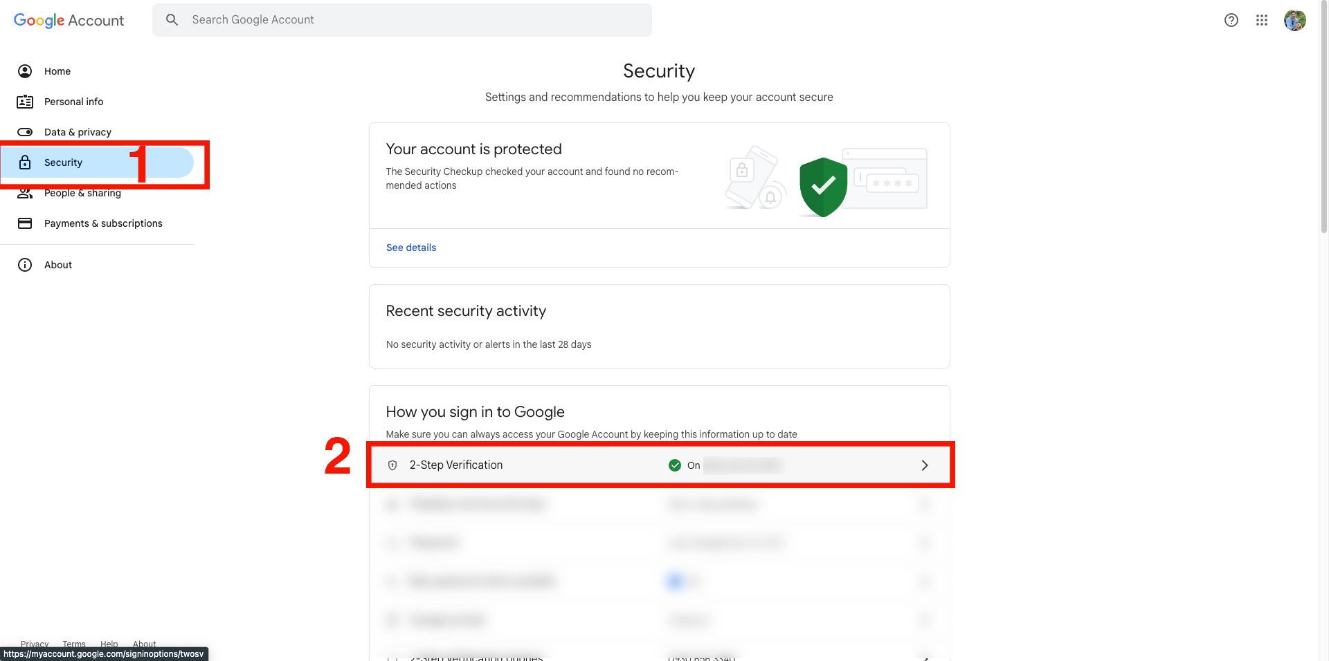 Google Account Security settings page showing 2-Step Verification is enabled.