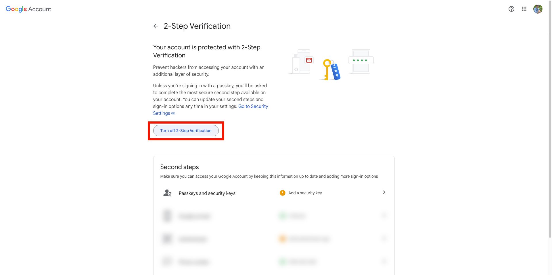 oogle 2-Step Verification settings page with an option to turn off 2-Step Verification and manage security keys and passkeys