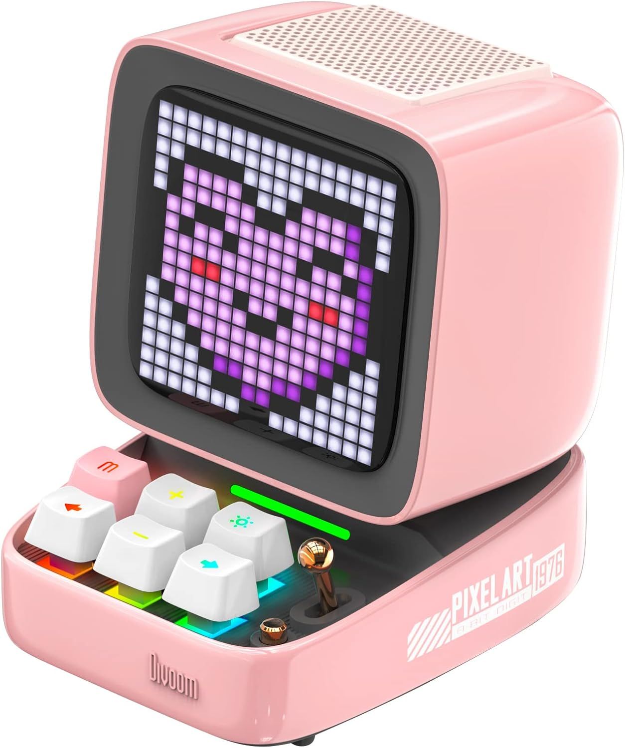 Mini pink computer-shaped bluetooth speaker with LED screen and real keyboard keys