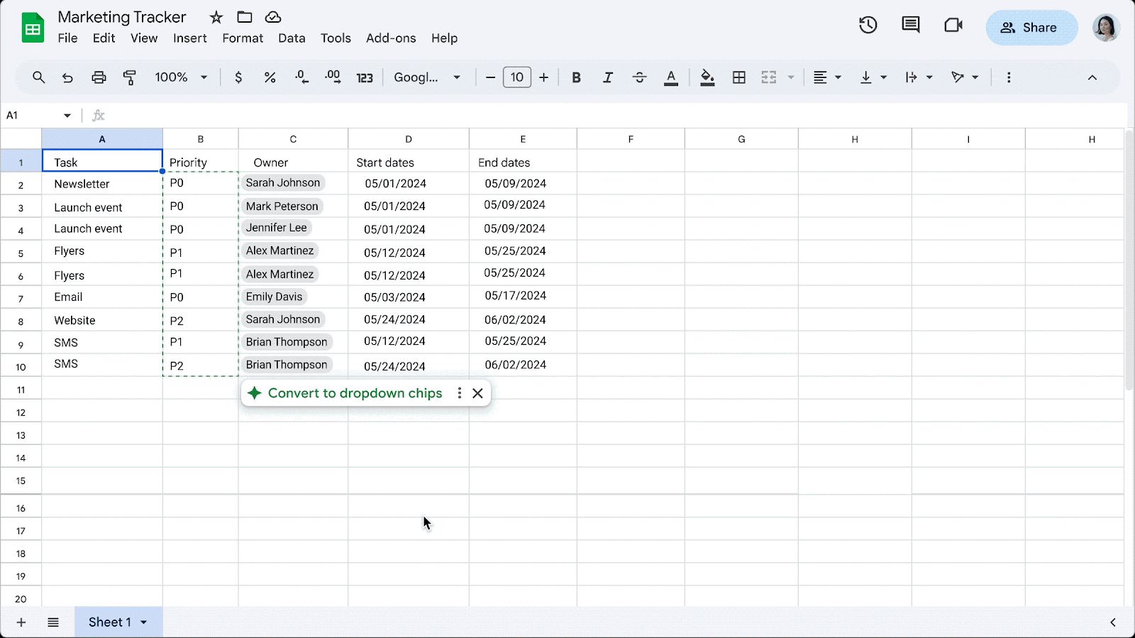 dropdown chips on Google Sheets