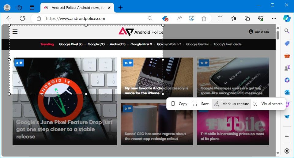 microsoft edge on desktop with screenshot tool higlighted