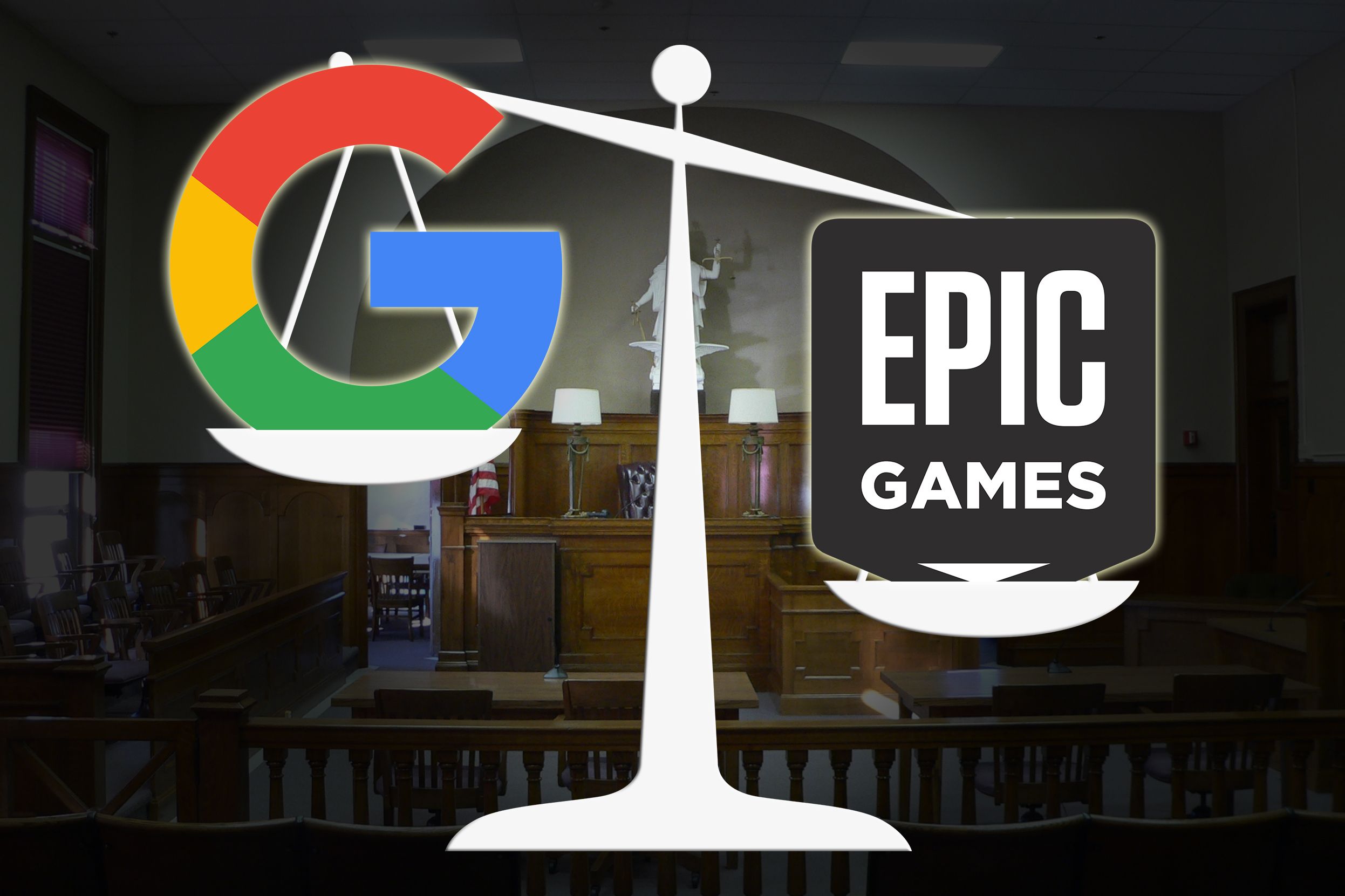 Google and Epic logos on the scales of justice