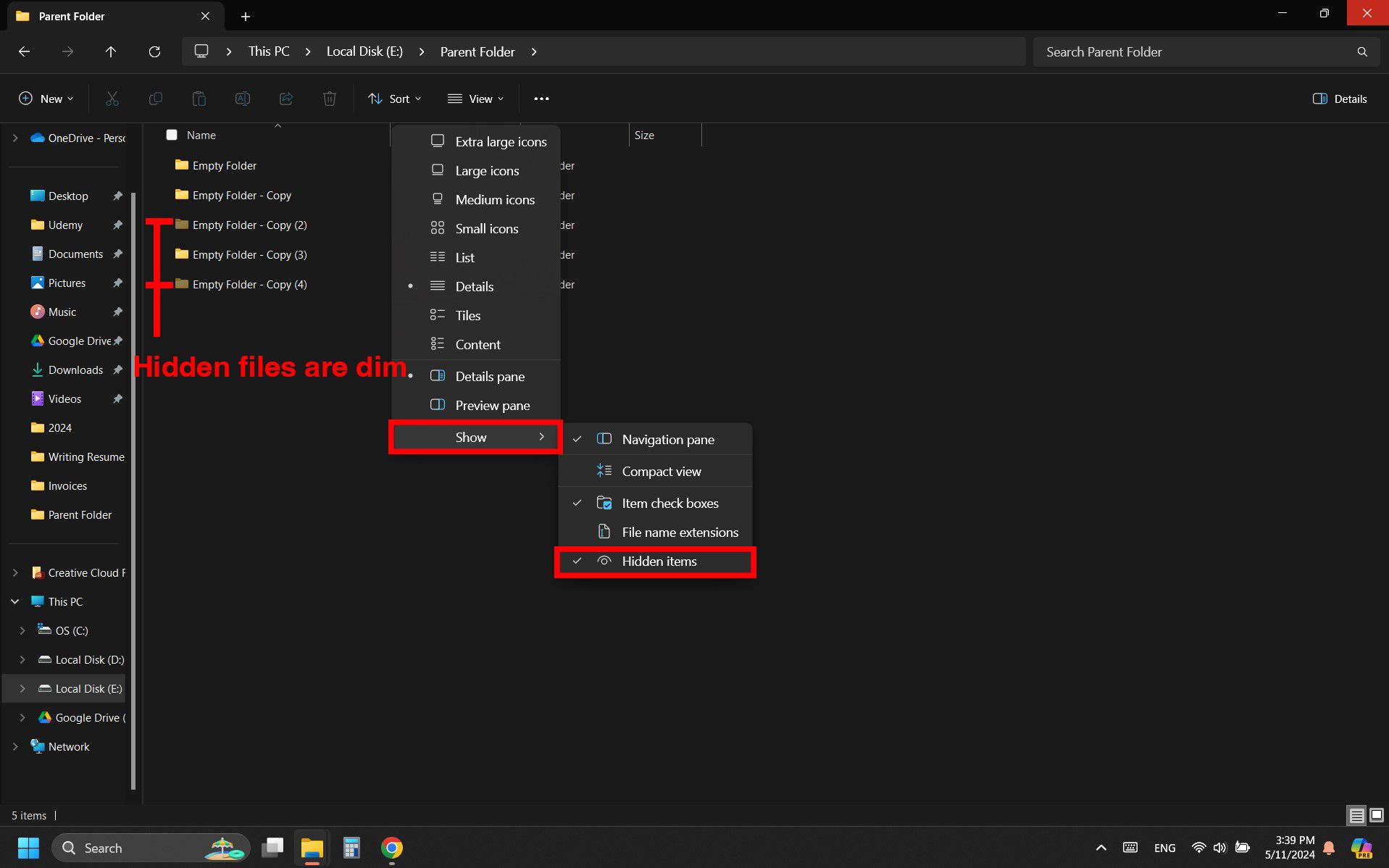 A screenshot of Windows file explorer showing the steps to show hidden files