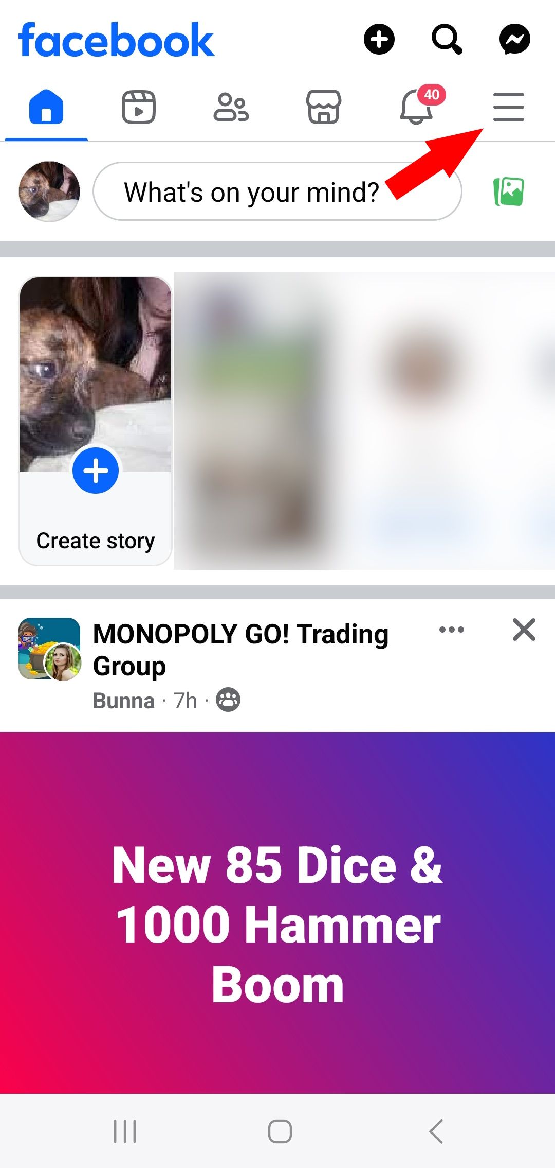 red solid arrow pointing to menu icon on facebook mobile app home page