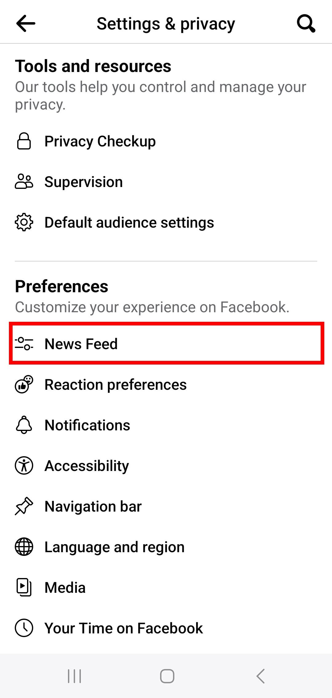 red rectangle outline highlighting news feed option under preferences