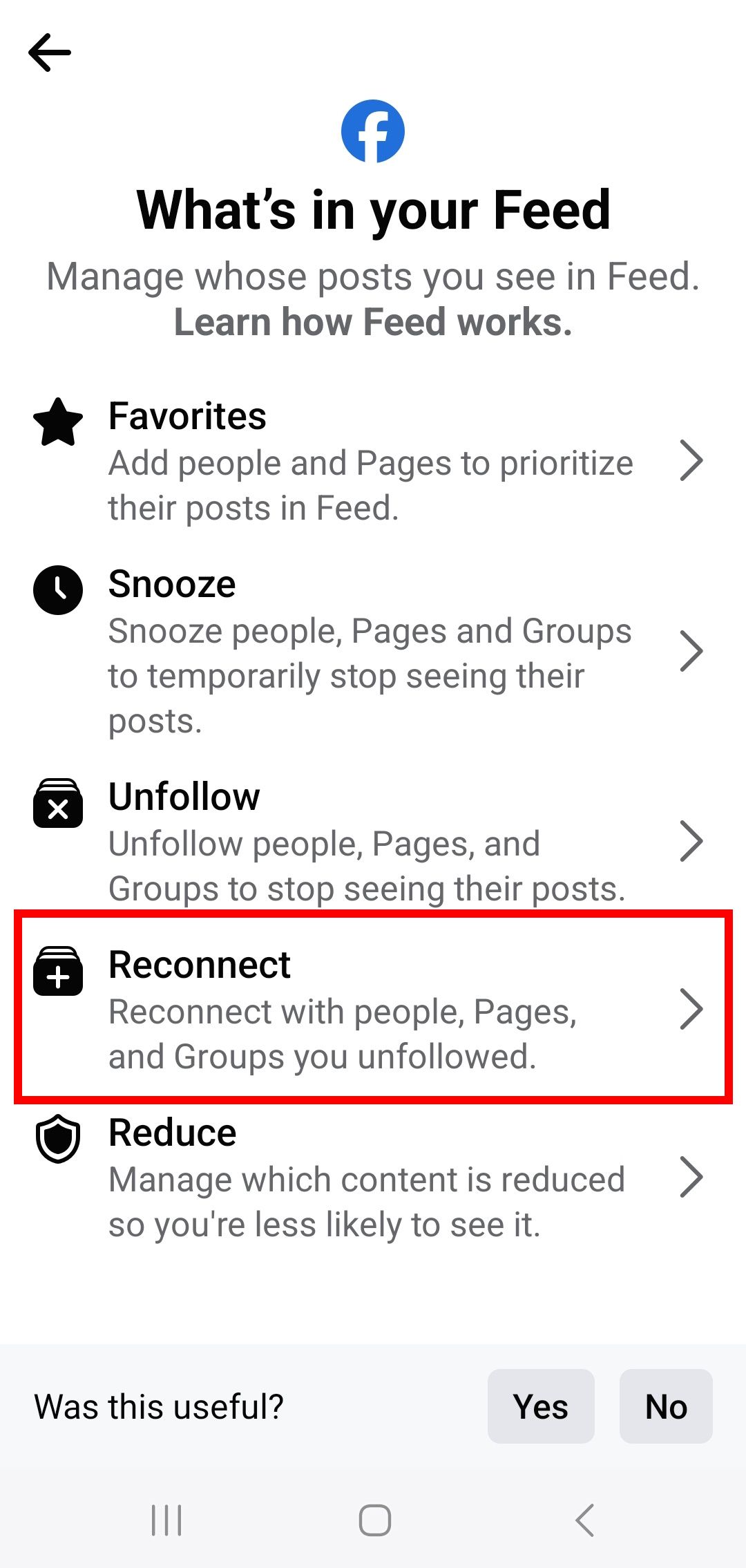 red rectangle outline highlighting reconnect option in what's in your feed
