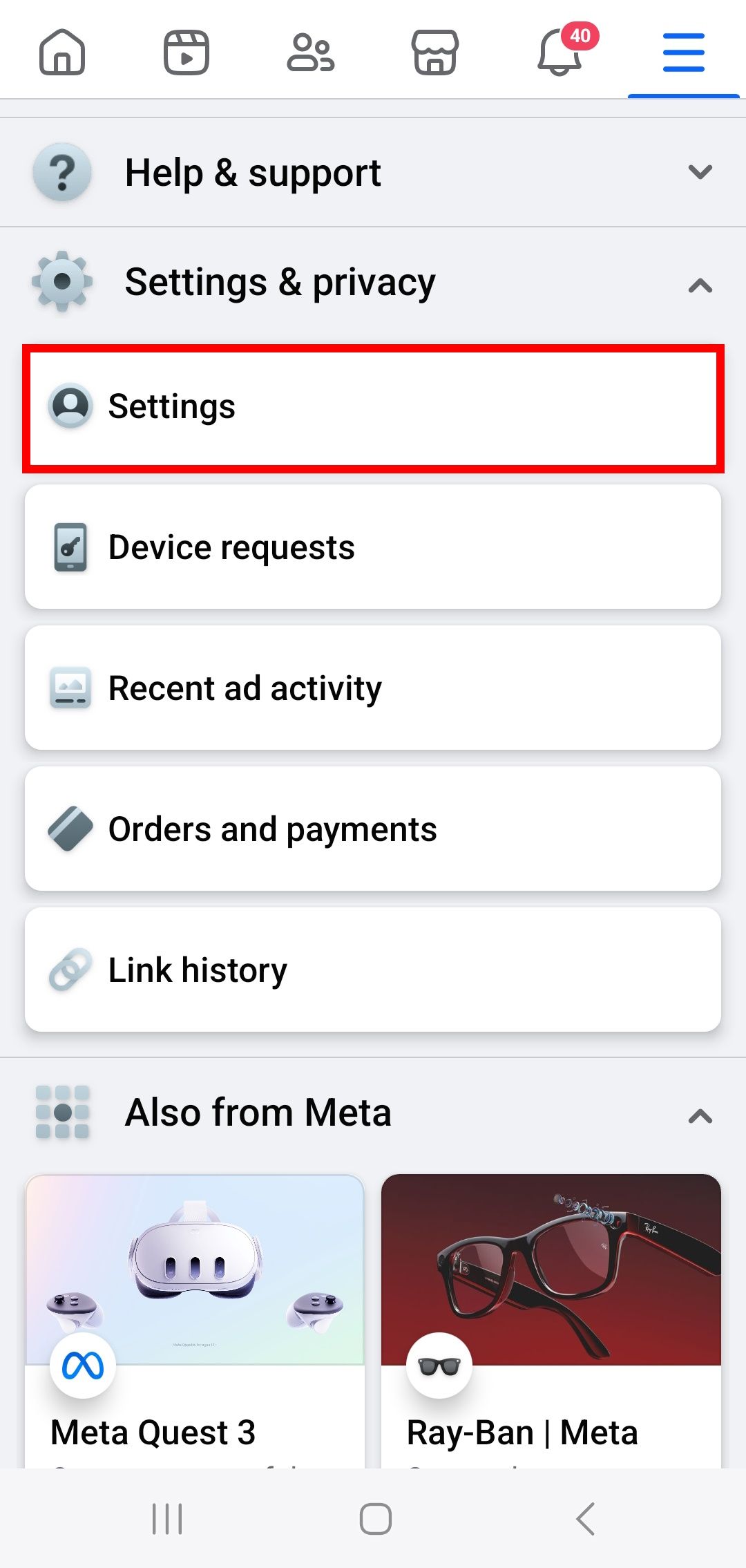 red rectangle outline over settings in settings & privacy menu