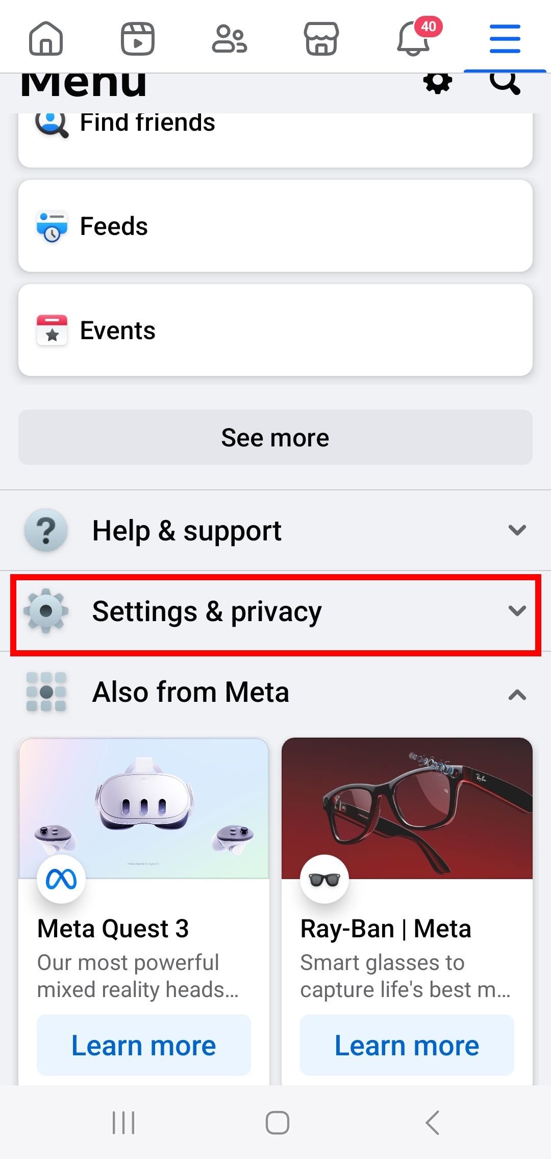red rectangle outline highlighting settings & privacy option in menu
