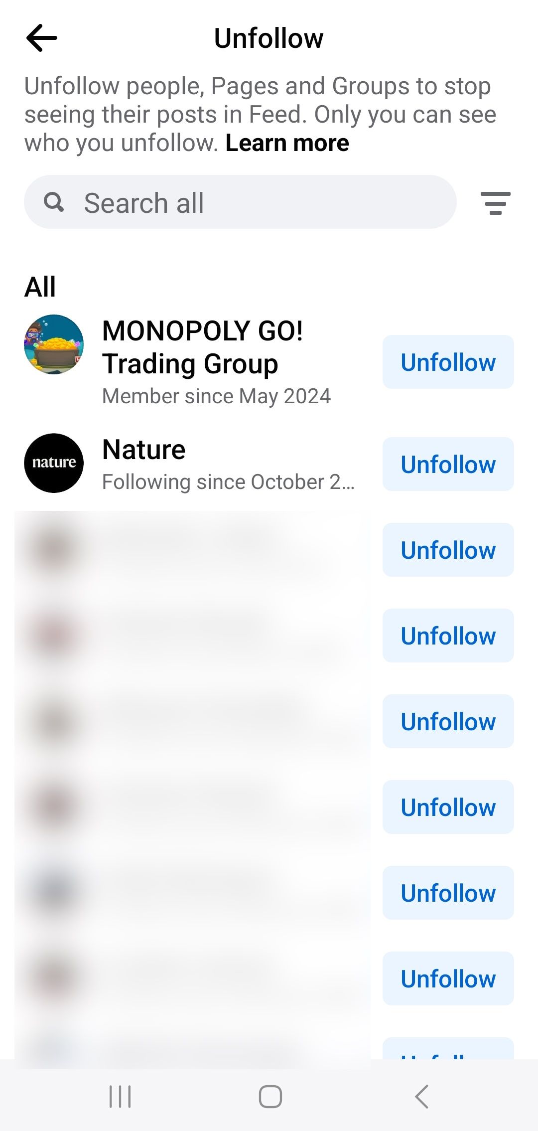 list of facebook contacts to unfollow on facebook mobile app