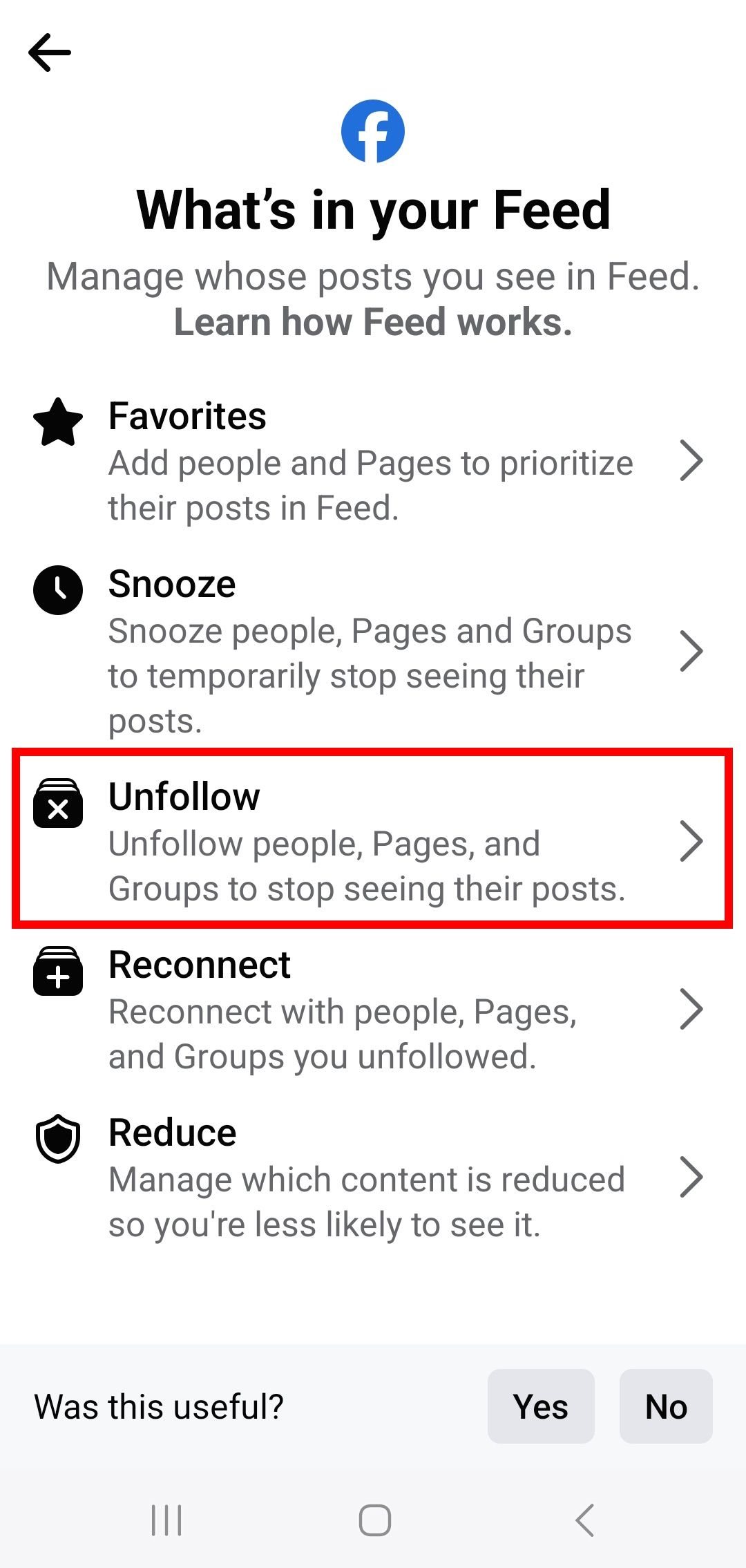 red rectangle outline highlighting unfollow in what's in your feed menu