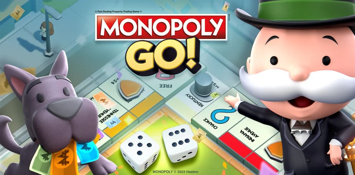 promo poster for monopoly go showing mr. monopoly, dog, and two dice on the game board with logo