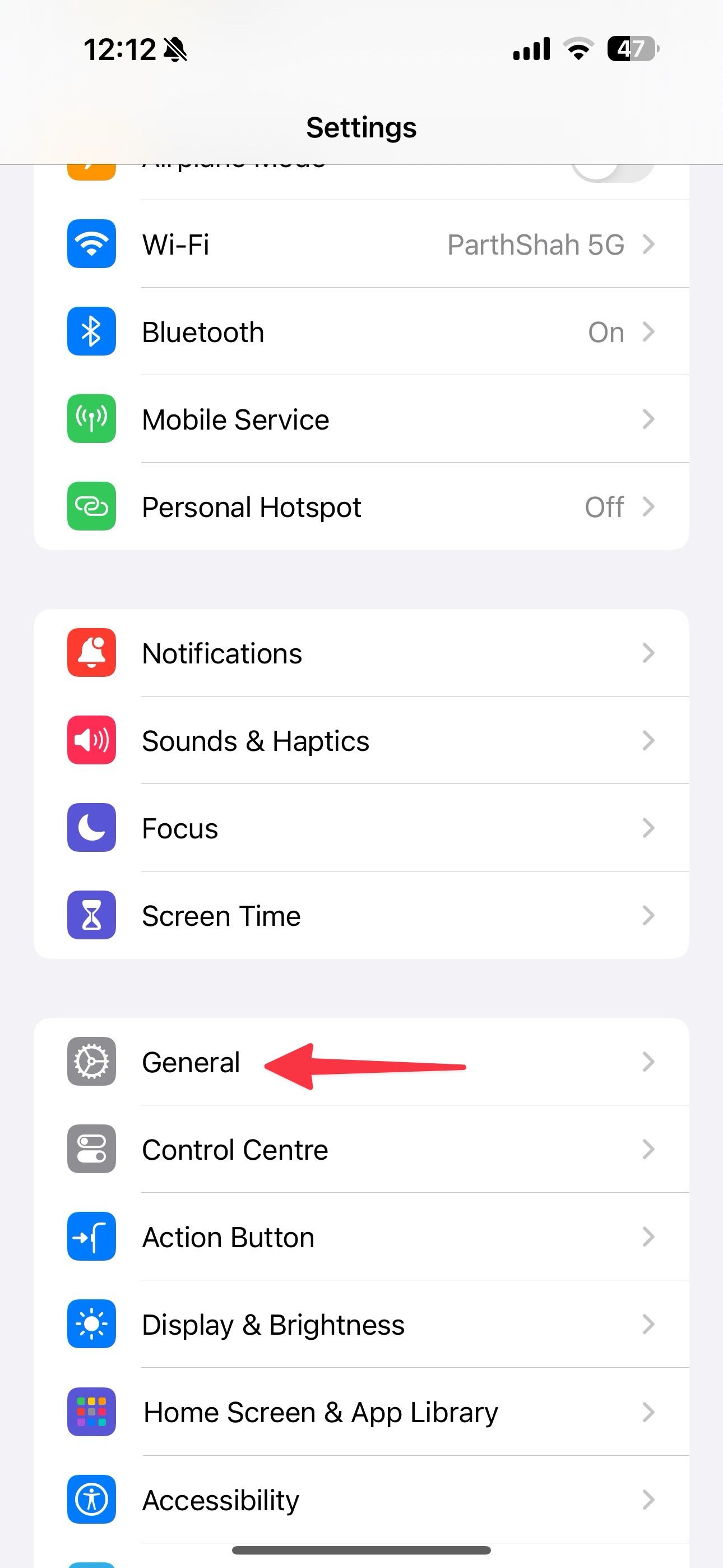 General menu on iPhone