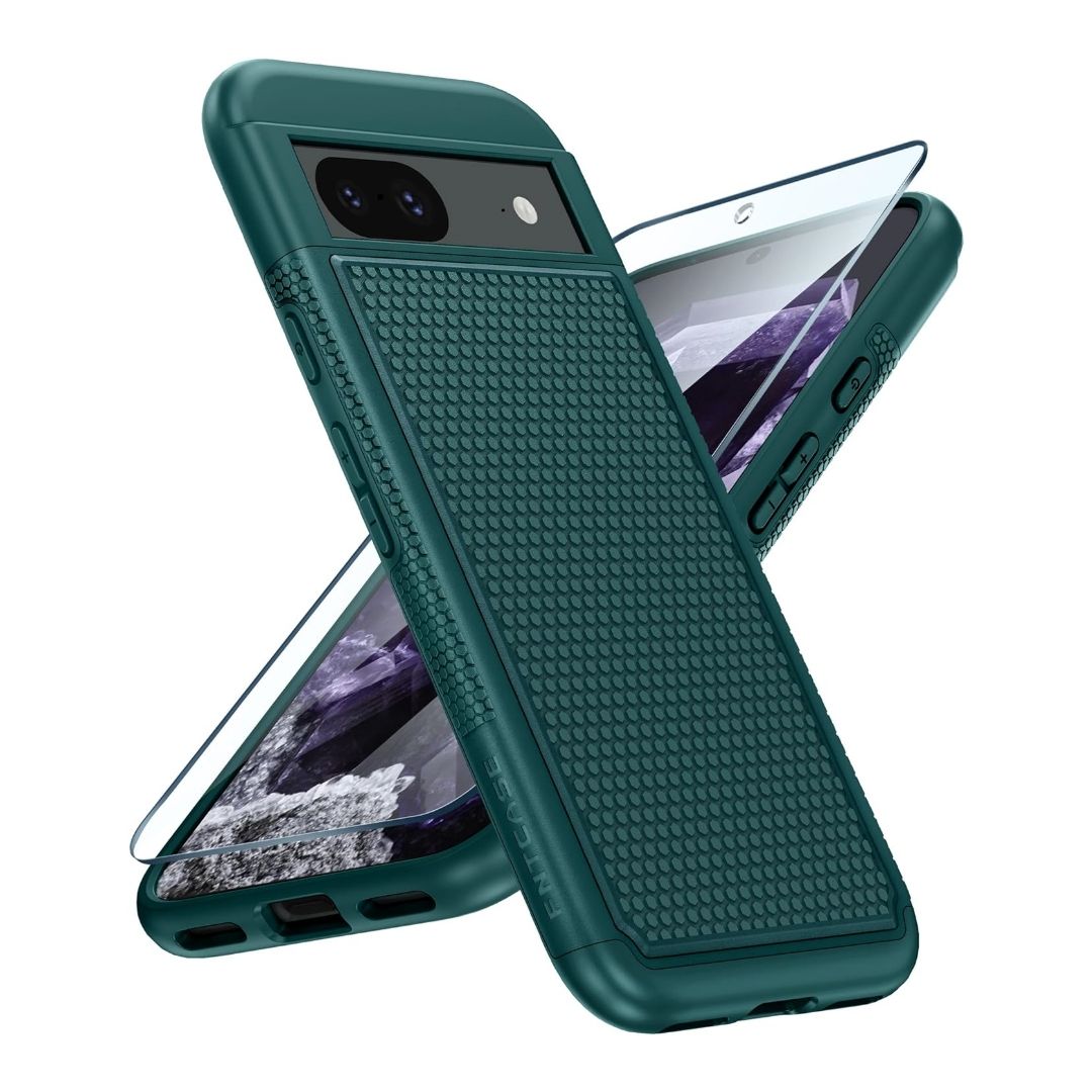 FNTCASE Dual Layer Protective Case for pixel 8a, overlayed front and back views