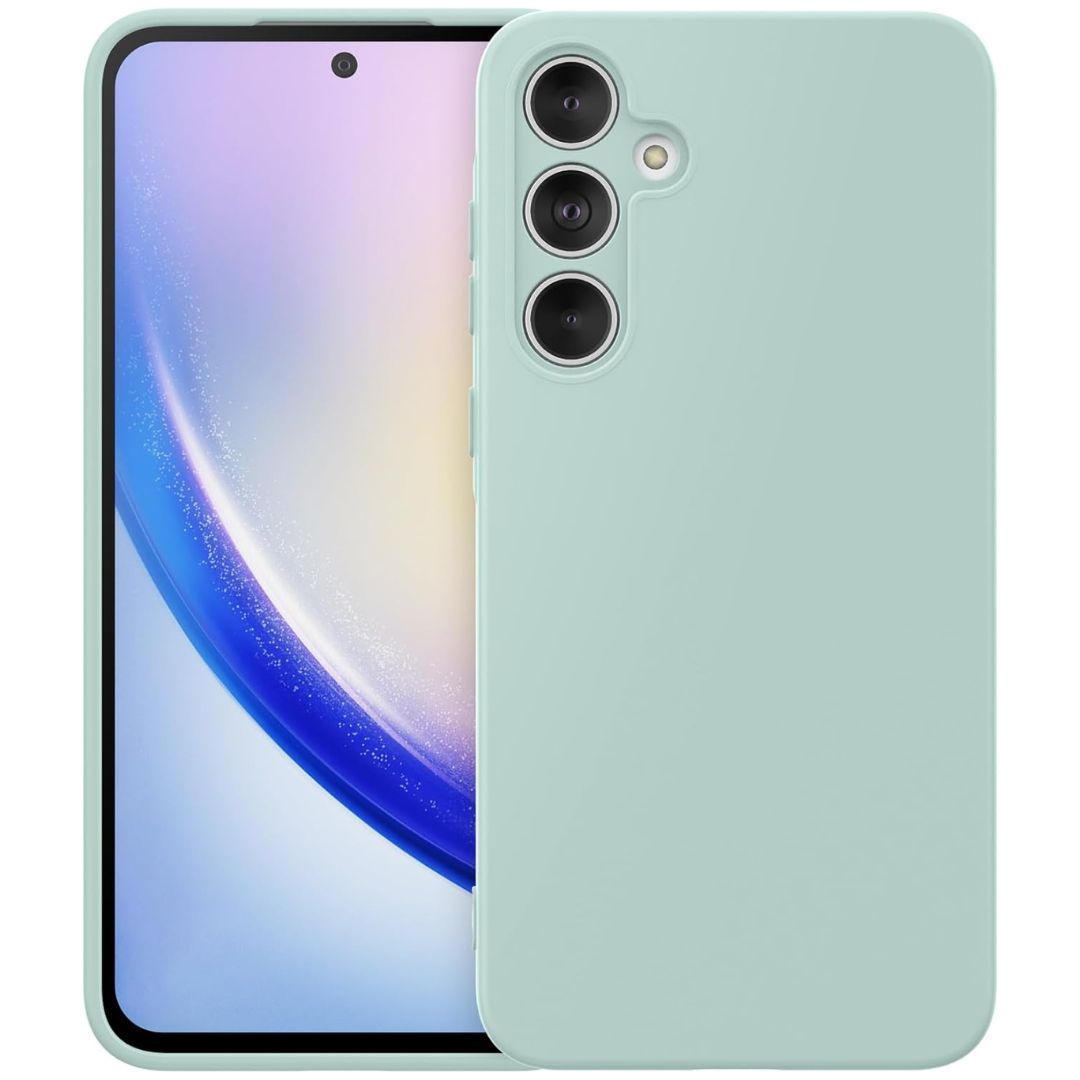 A grey/green colored case on the Galaxy A35 with a white background