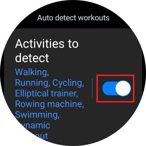 Screenshot highlighting the Activities to detect toggle on the Samsung Galaxy Watch 6