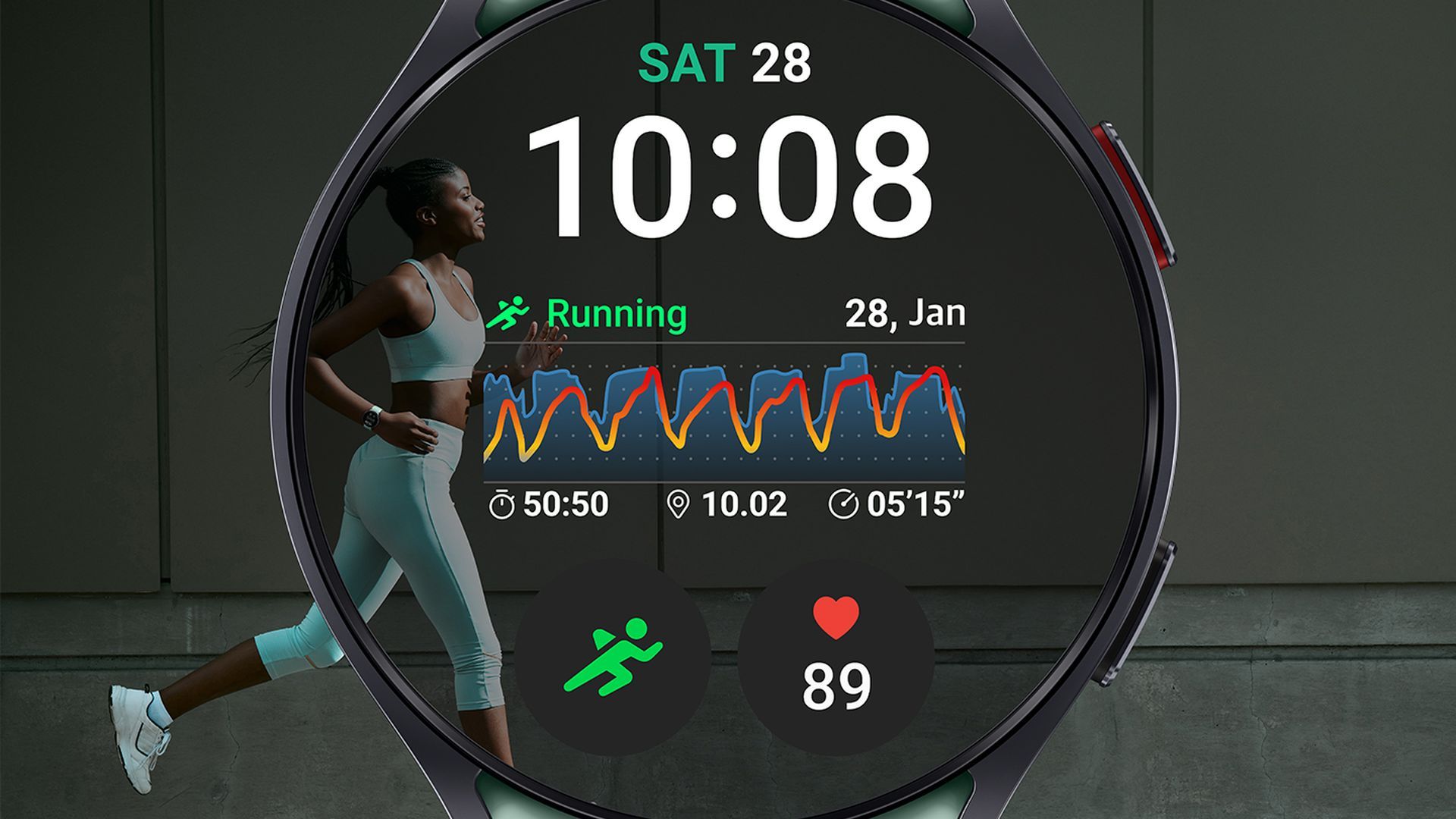 Image of the Samsung Galaxy Watch 6 showing running stats superimposed on the image of a person running 