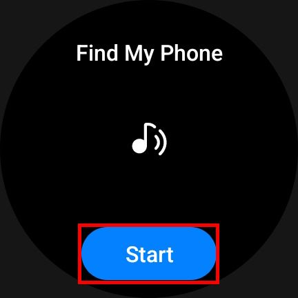 red rectangle outline over blue start button in galaxy watch 6 find my phone