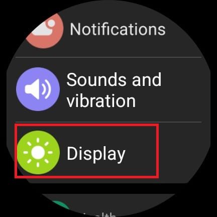 Screenshot highlighting the Display option in the Samsung Galaxy Watch 6