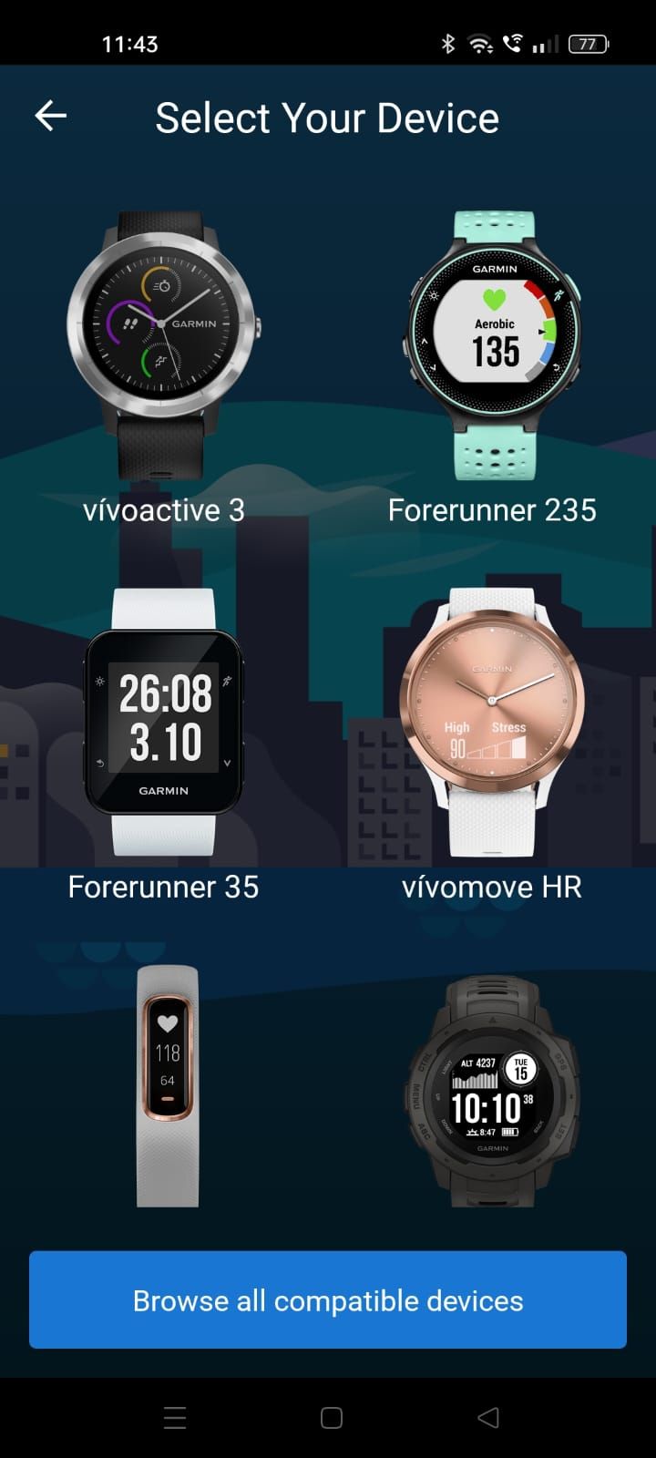 Screenshot showing Browse all compatible devices on the Garmin Connect app