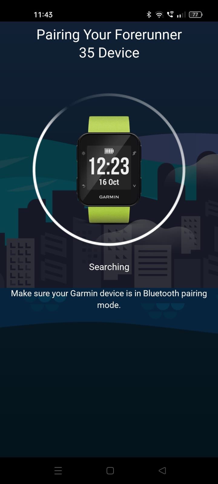 Screenshot showing the pairing screen on the Garmin Connect app