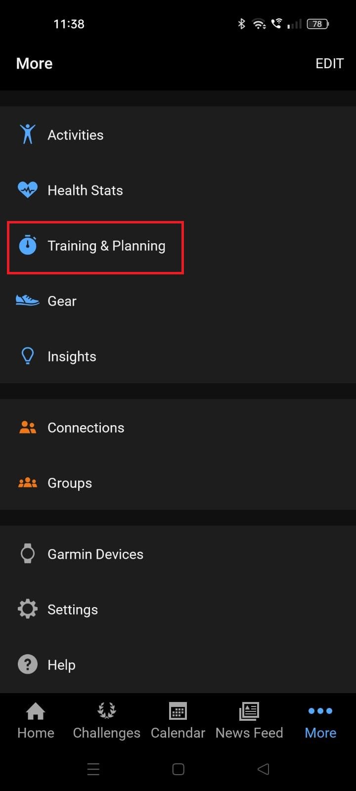 Screenshot highlighting Training & Planning on the Garmin Connect app