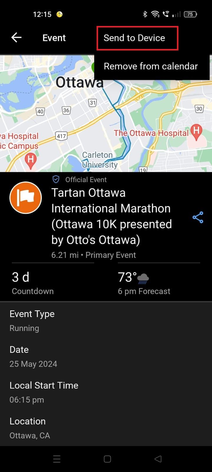 Screenshot highlighting the Send to Device option on the Garmin Connect app