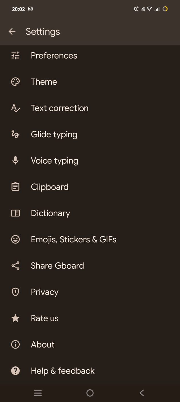 Screenshot showing Gboard settings