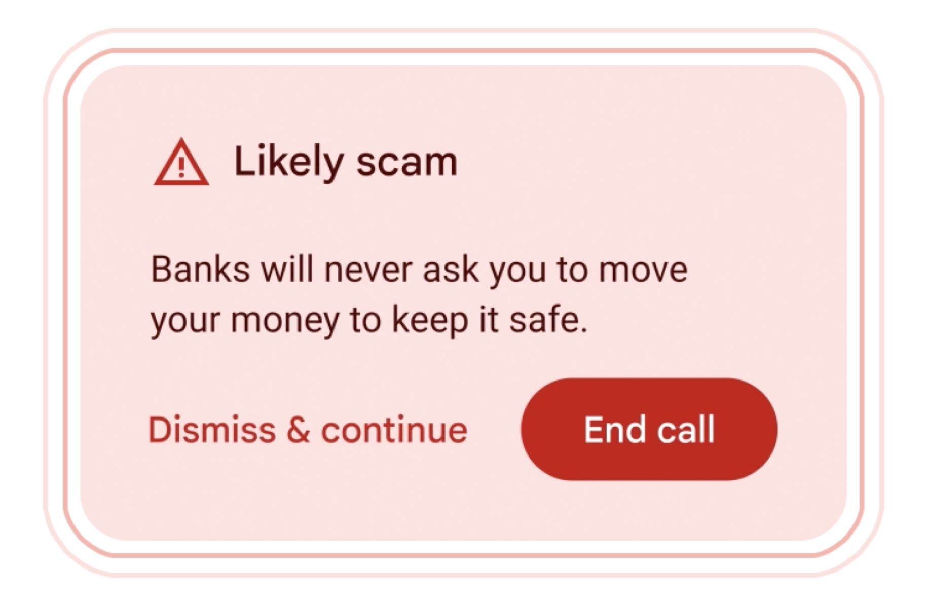 Gemini scam detection showing a warning that the call is likely a scam and giving options to dismiss and continue or end call.