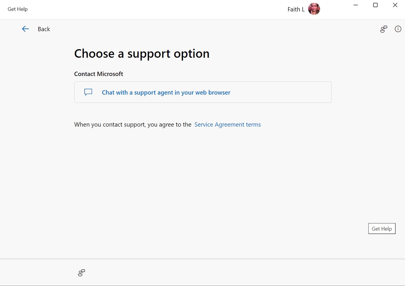 choose a support option in get help windows app