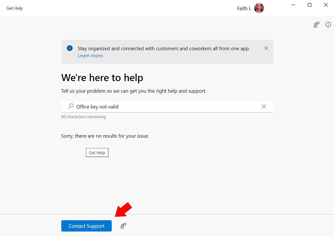 red solid arrow pointing to contact support button in get help windows app