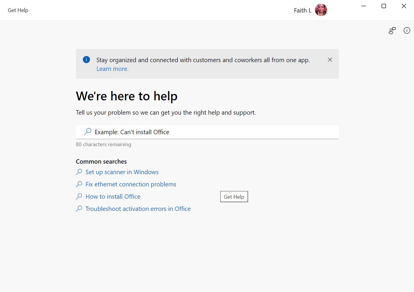 Home page of the Get Help Windows app