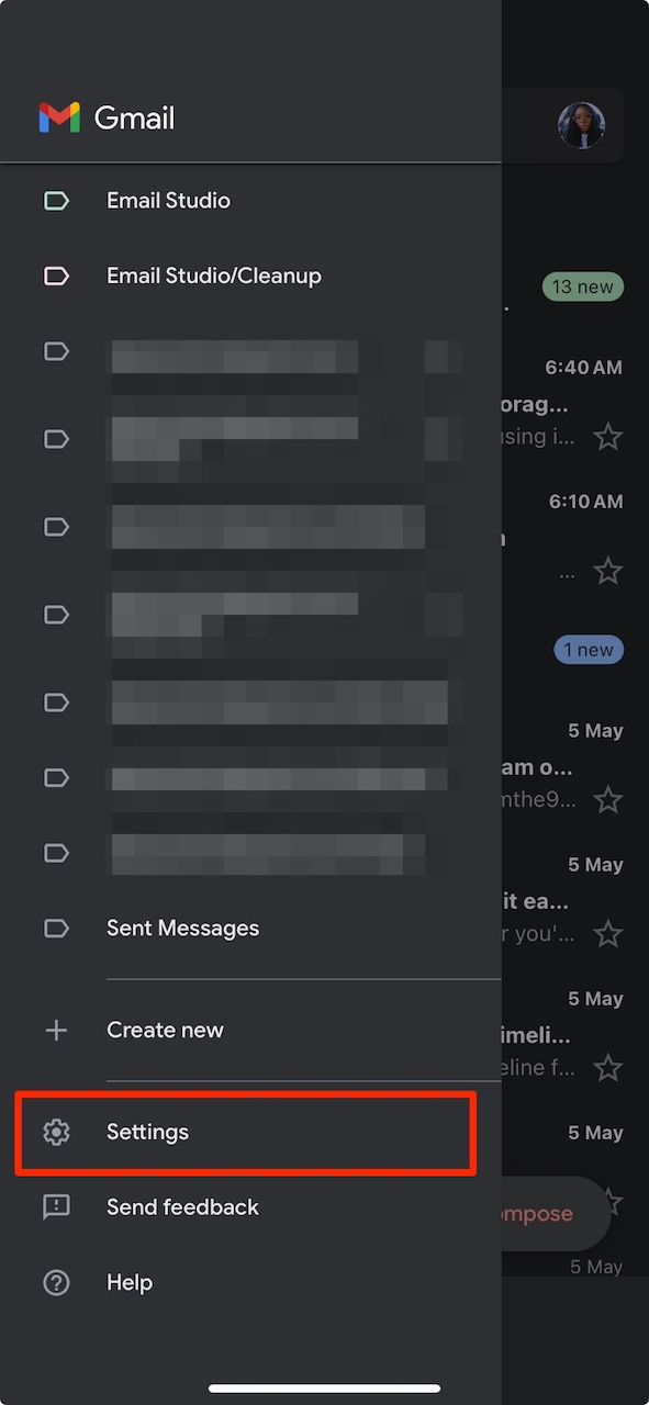 Gmail app menu options on an iPhone with a red box around the Settings option